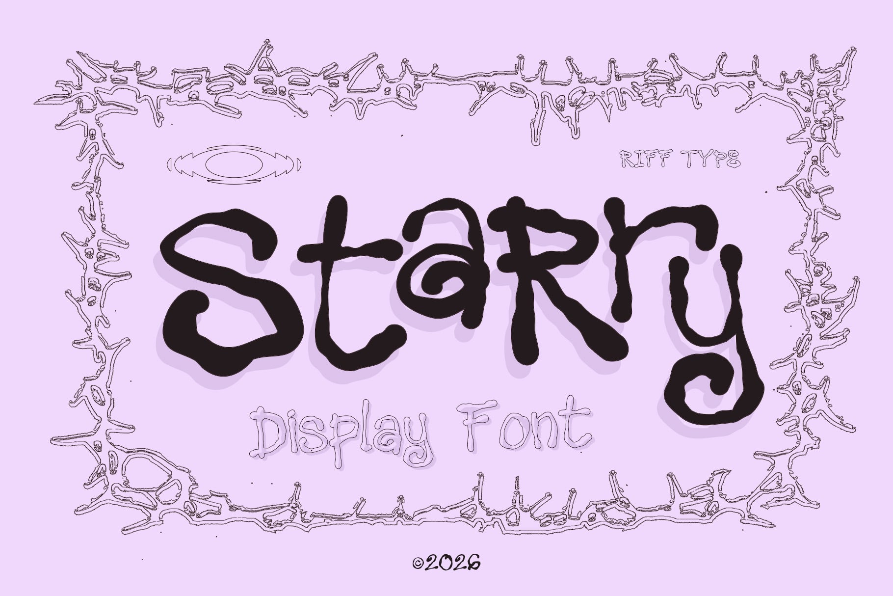 Starry display font with organic branch border on lavender background