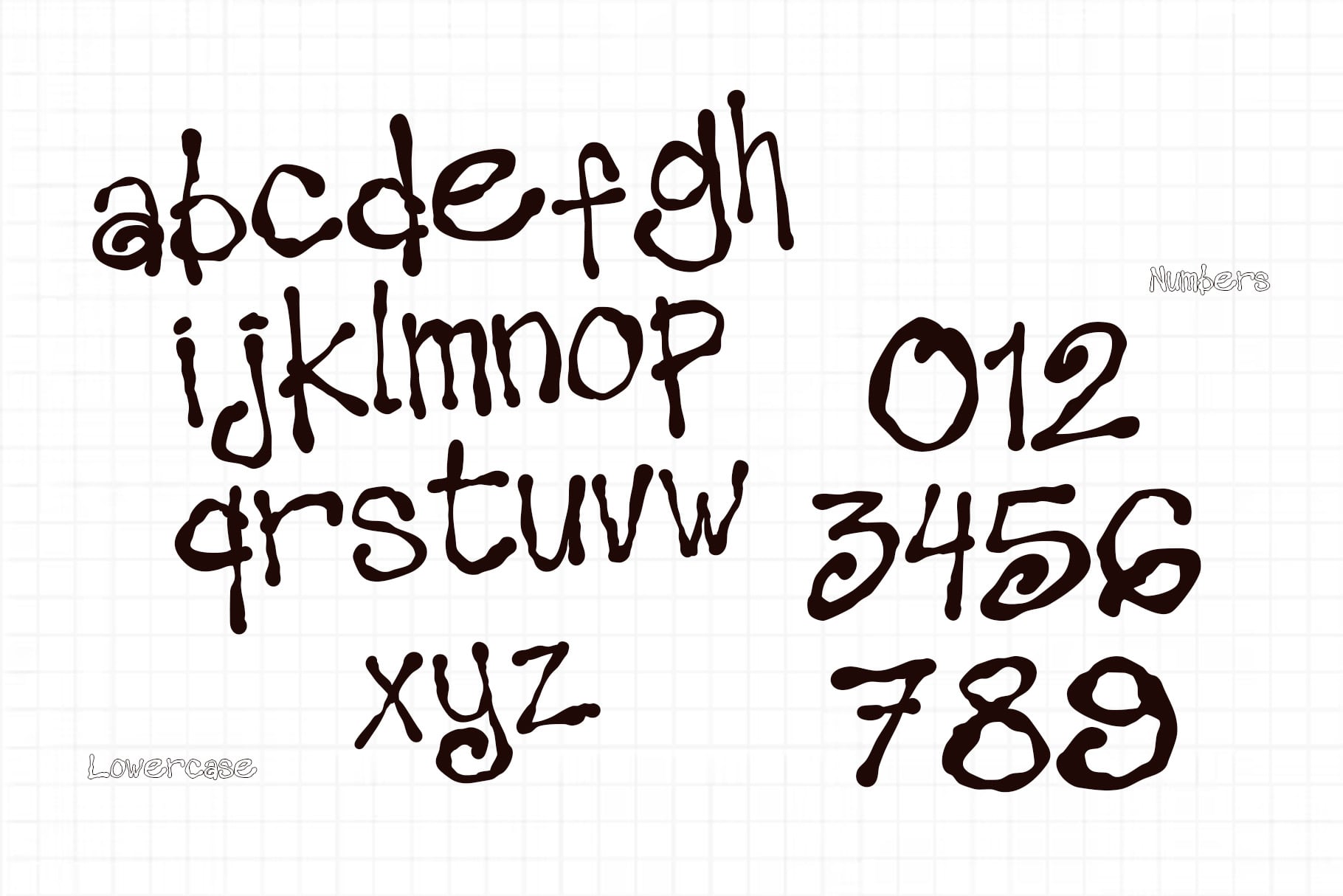 Quirky handwritten font with wonky letters, numbers, plus lowercase label on grid background