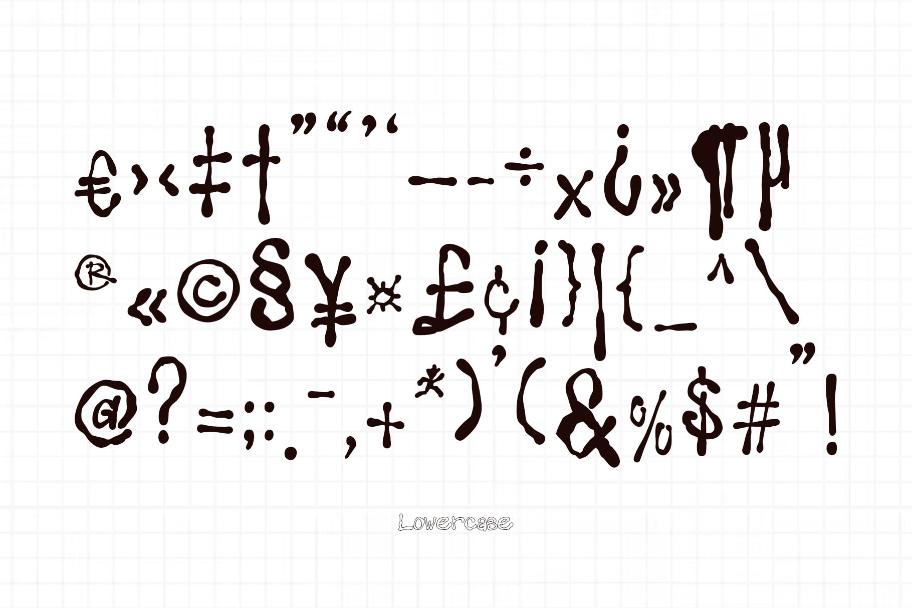 Lowercase font displaying all special characters, symbols, punctuation marks on grid background