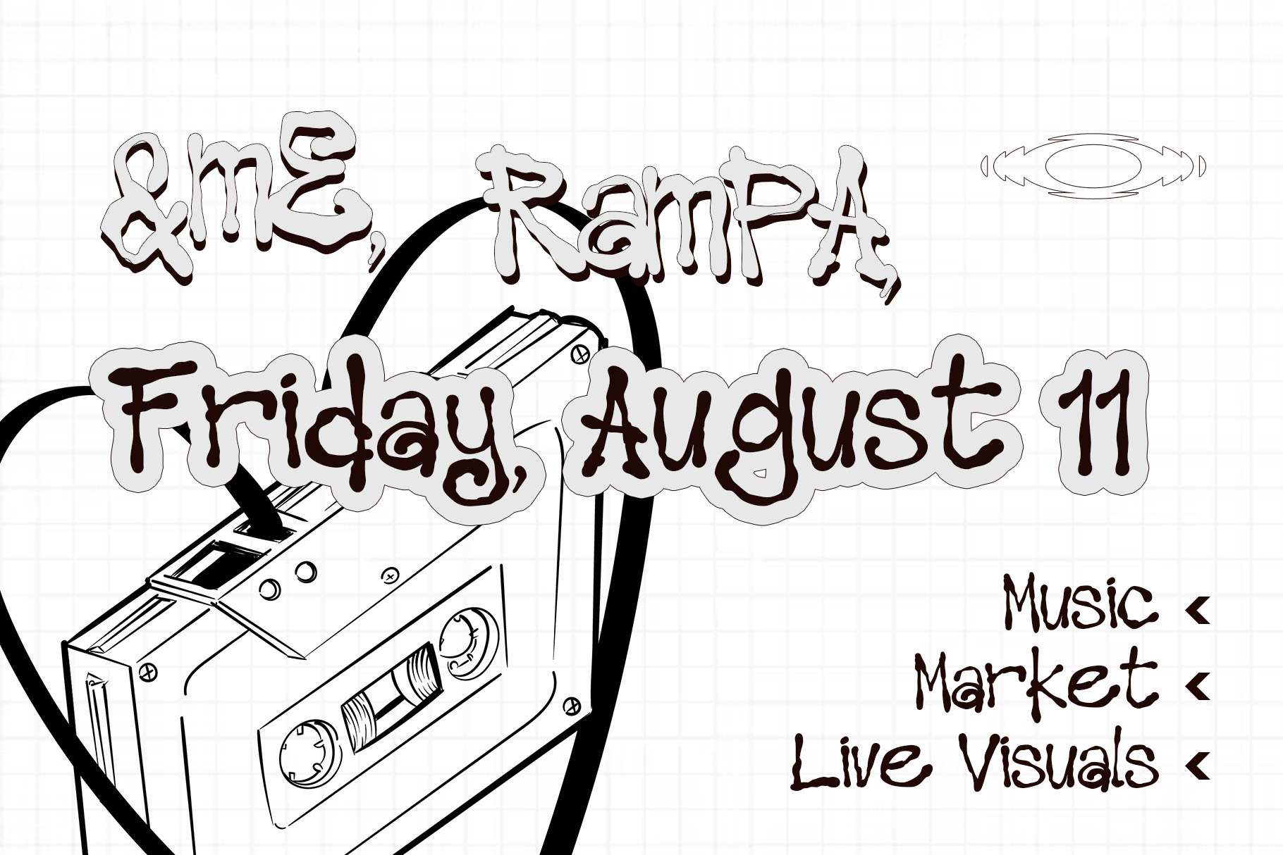 Sketchy hand-drawn poster for a music festival on Friday August 11 with cassette tape doodle