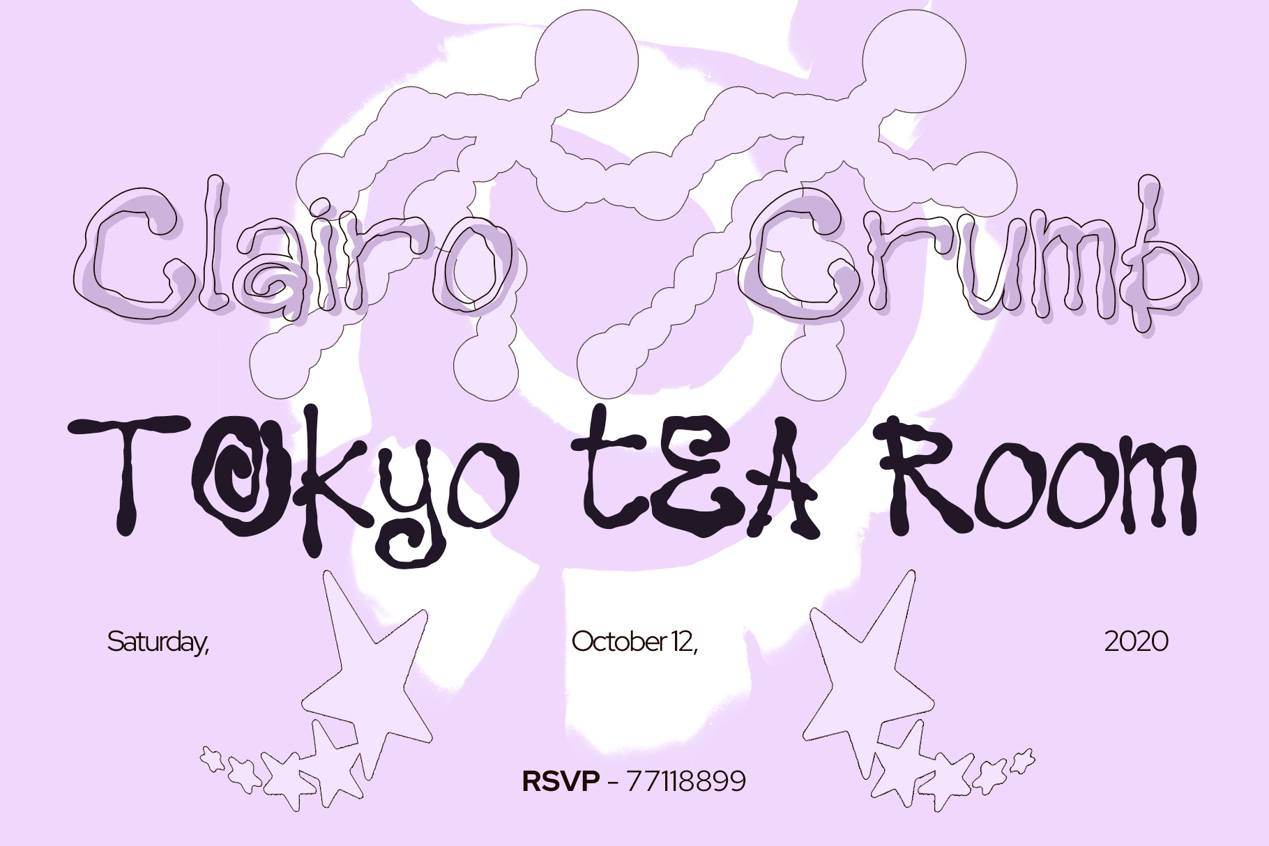 Whimsical pastel purple event poster with bubbly outlined text, clouds, stars, date October 12 2020