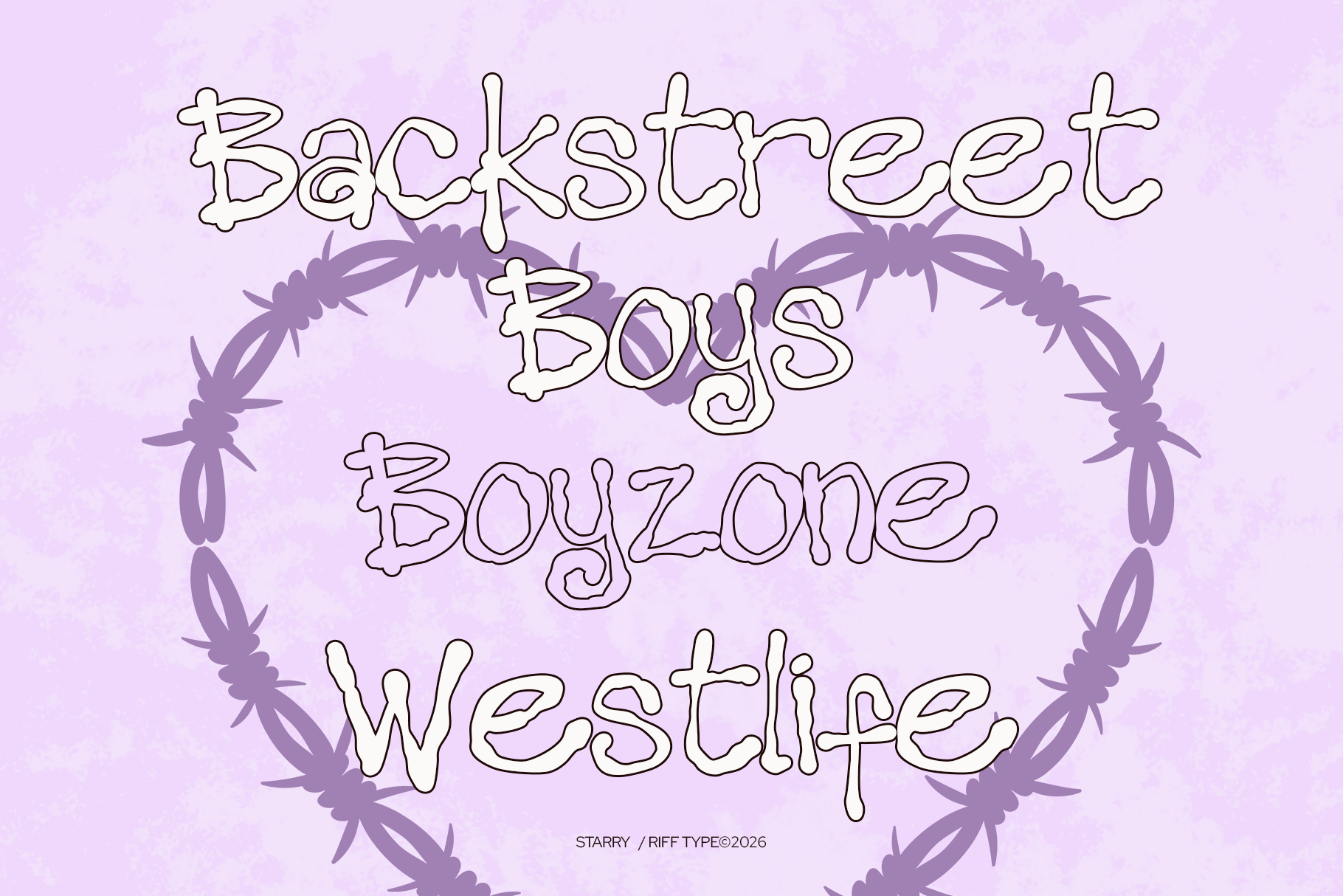 Playful bone-style text stacked on lavender with spiky purple circular wreath border design