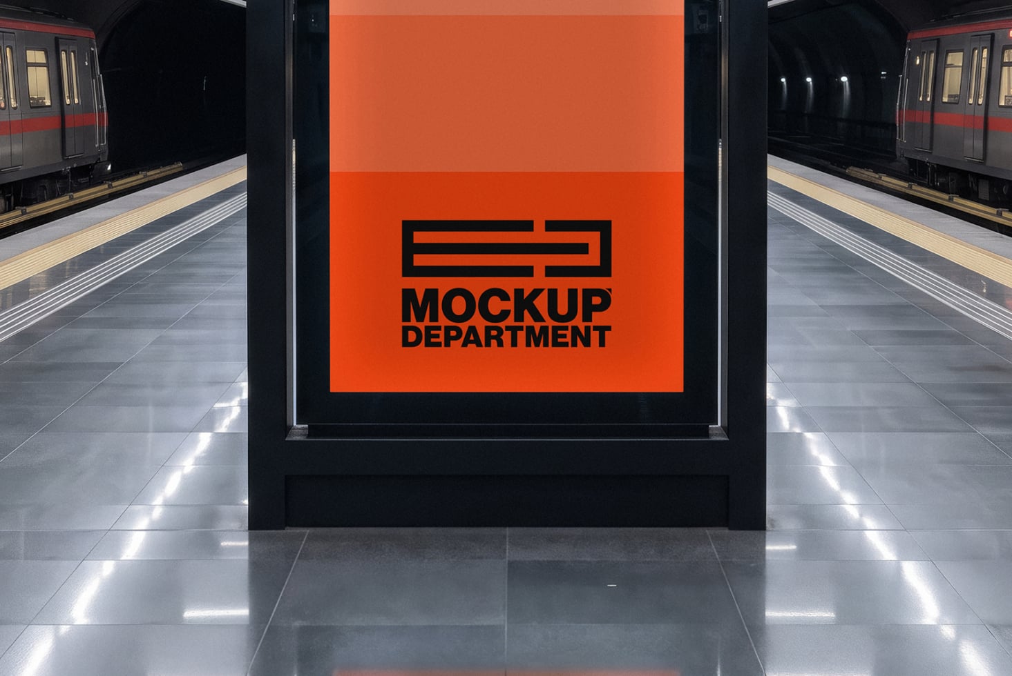 Bright orange subway billboard mockup with black logo centered on platform between trains