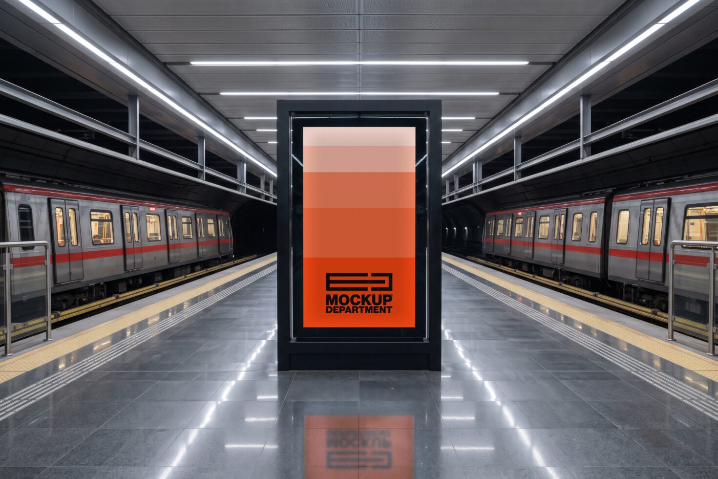Vertical poster mockup on subway platform between two trains with orange gradient design