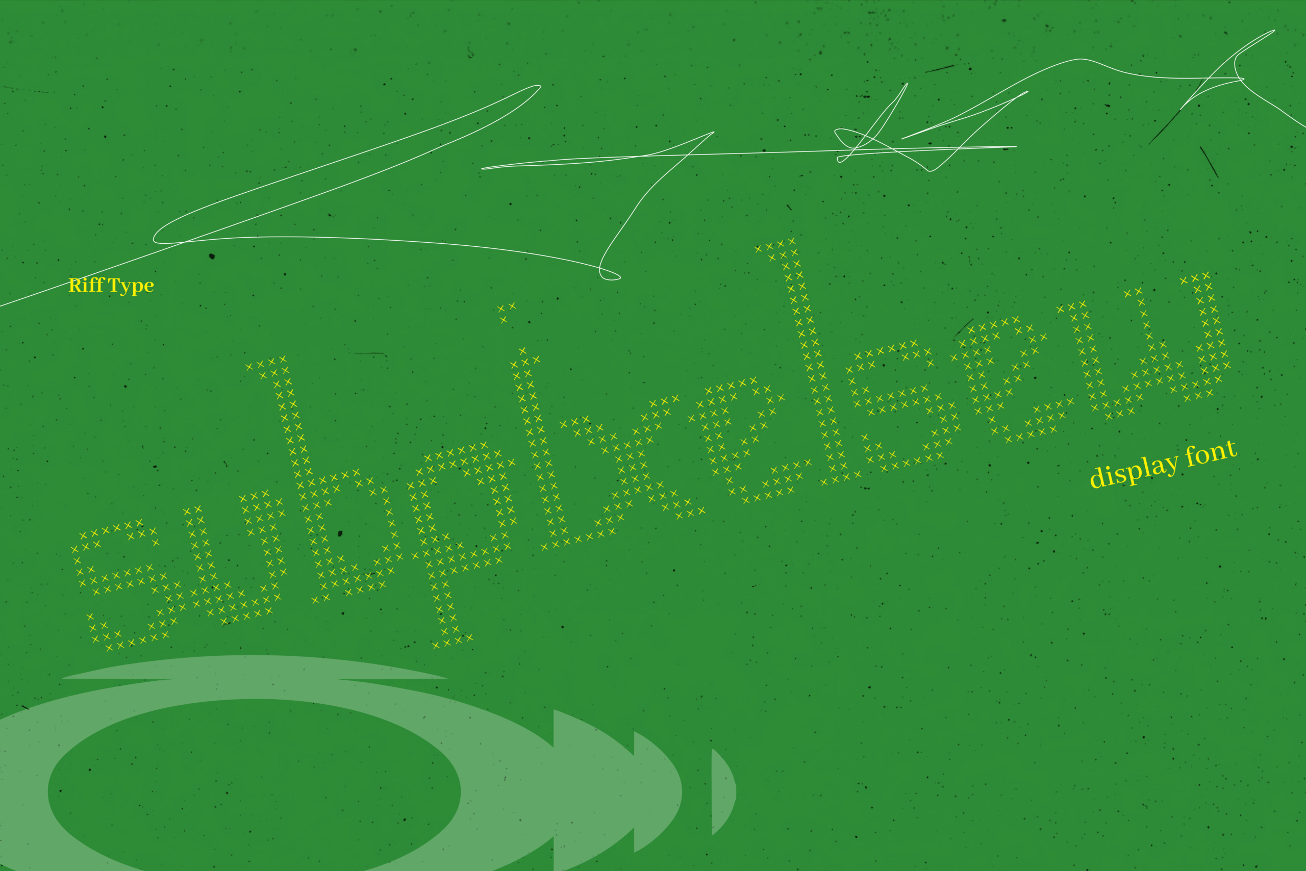 Riff Type display font sample with sketchy line illustrations on textured green background