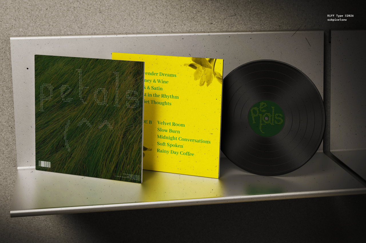 Vinyl record mockup with yellow gatefold sleeve, green back cover, plus black disc on concrete shelf