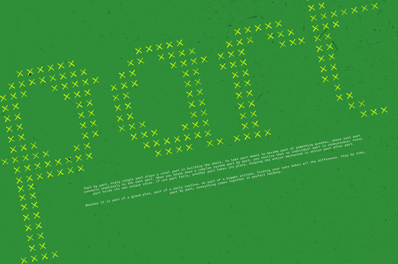 Bright green background with yellow X marks scattered across, small text block lower right
