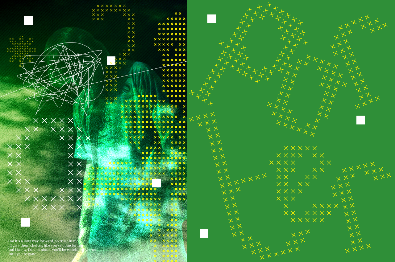 Glitchy digital portrait with tangled wire overlays, pixelated face, scattered x marks, bright green cyan color scheme