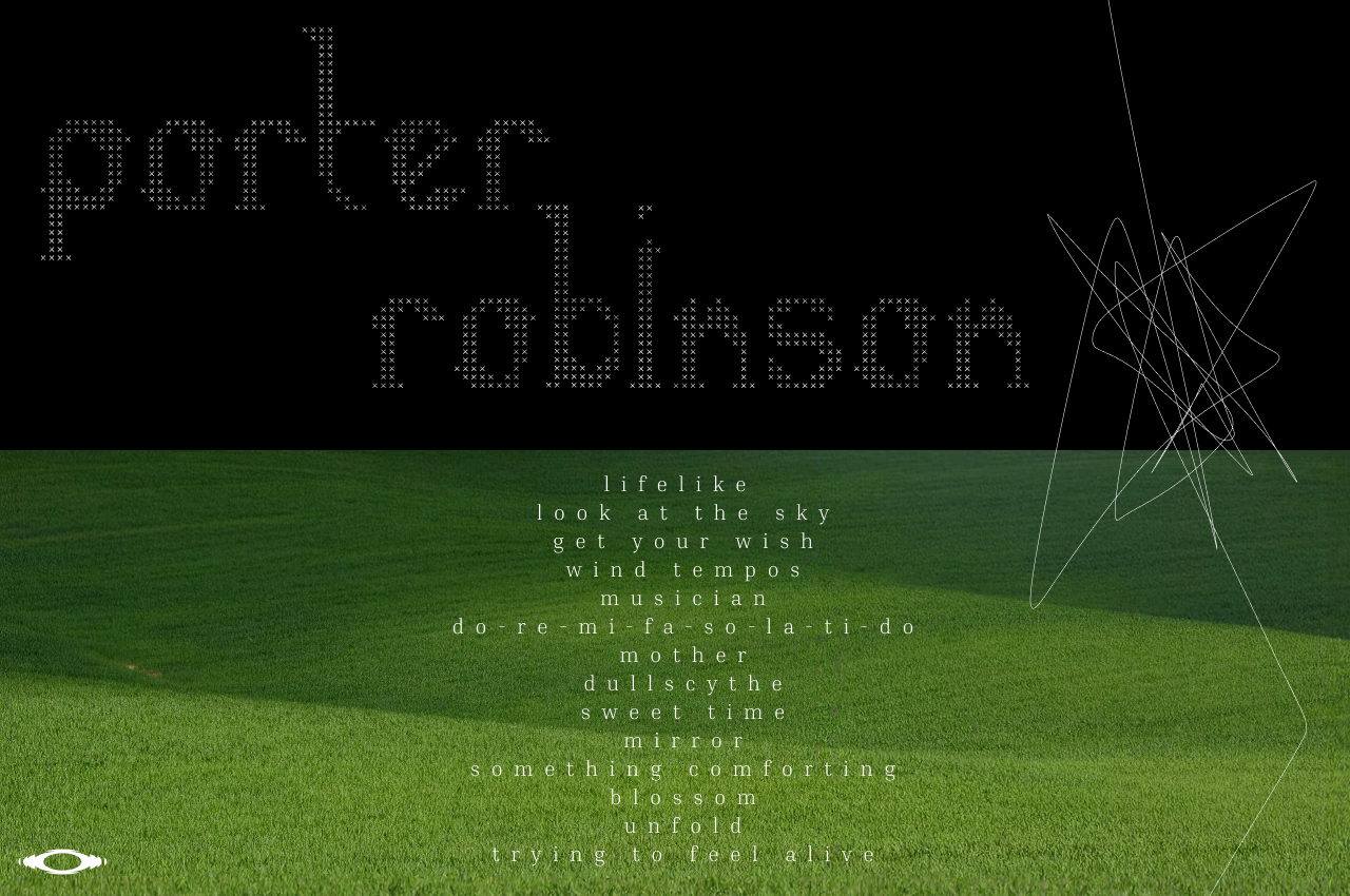 Dotted pixel text reading "parket ranhsun" over black, green grass field below with spaced-out words, geometric star outline right side