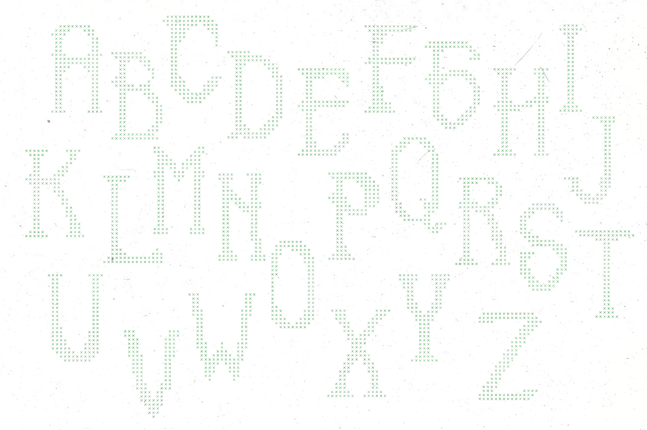 Dotted ASCII art typography with green highlighted letters on cream background
