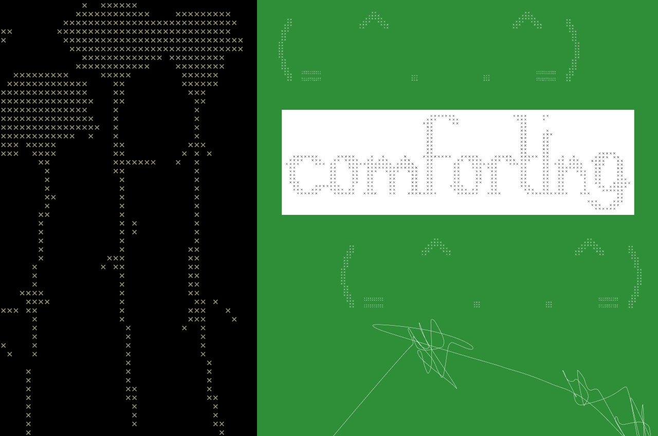 Dotted X font displayed on bright green background with sketchy line doodles