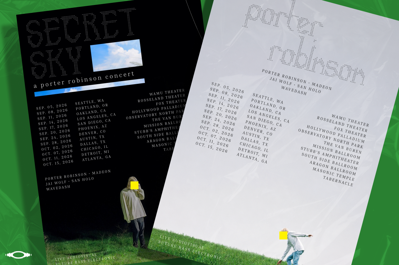Concert poster mockup showing black plus white flyers with tour dates on bright green grass background