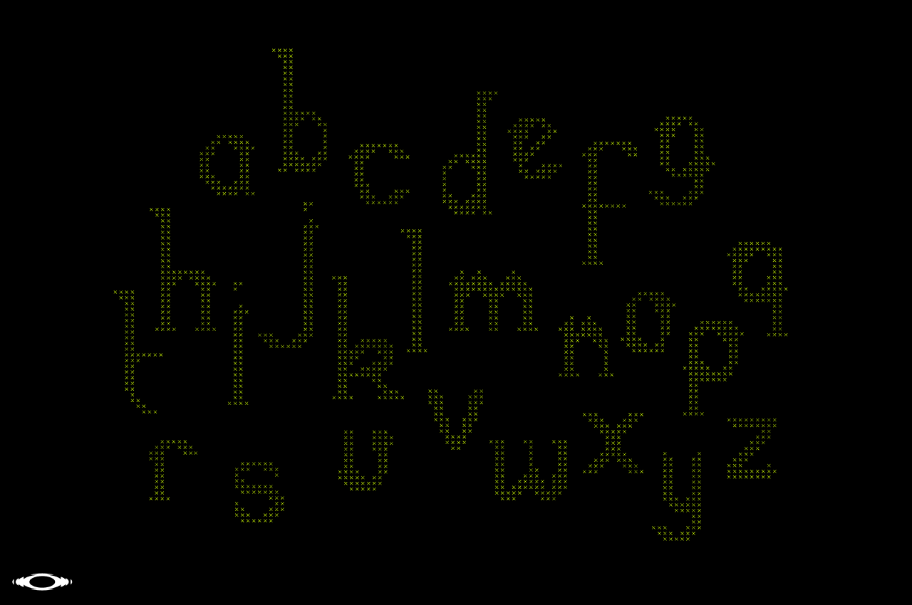 Neon yellow pixelated letters scattered across black background with retro computer vibe
