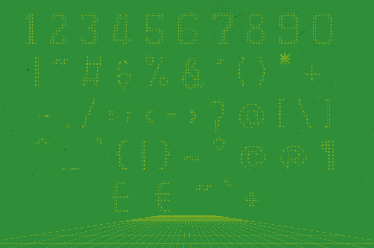 Retro green background with dotted numbers floating above a wireframe grid horizon