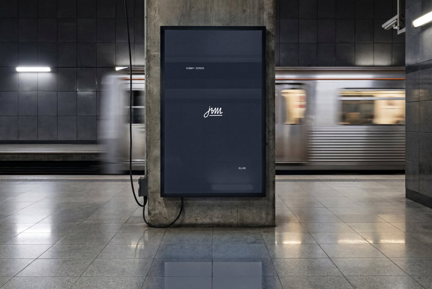 Vertical subway display screen mockup mounted on concrete pillar with train passing by