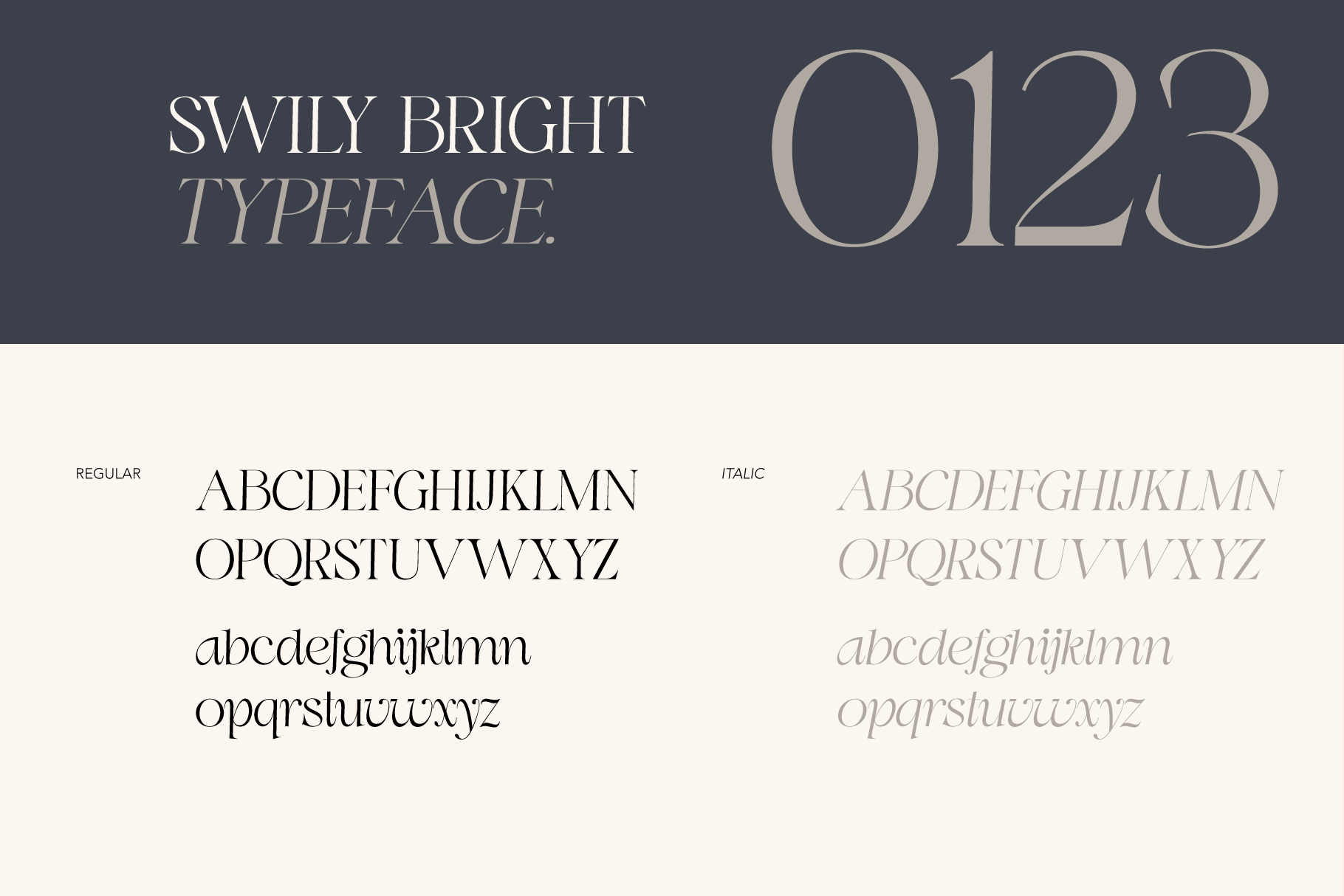 Swily Bright typeface showing regular, italic, uppercase, lowercase character sets
