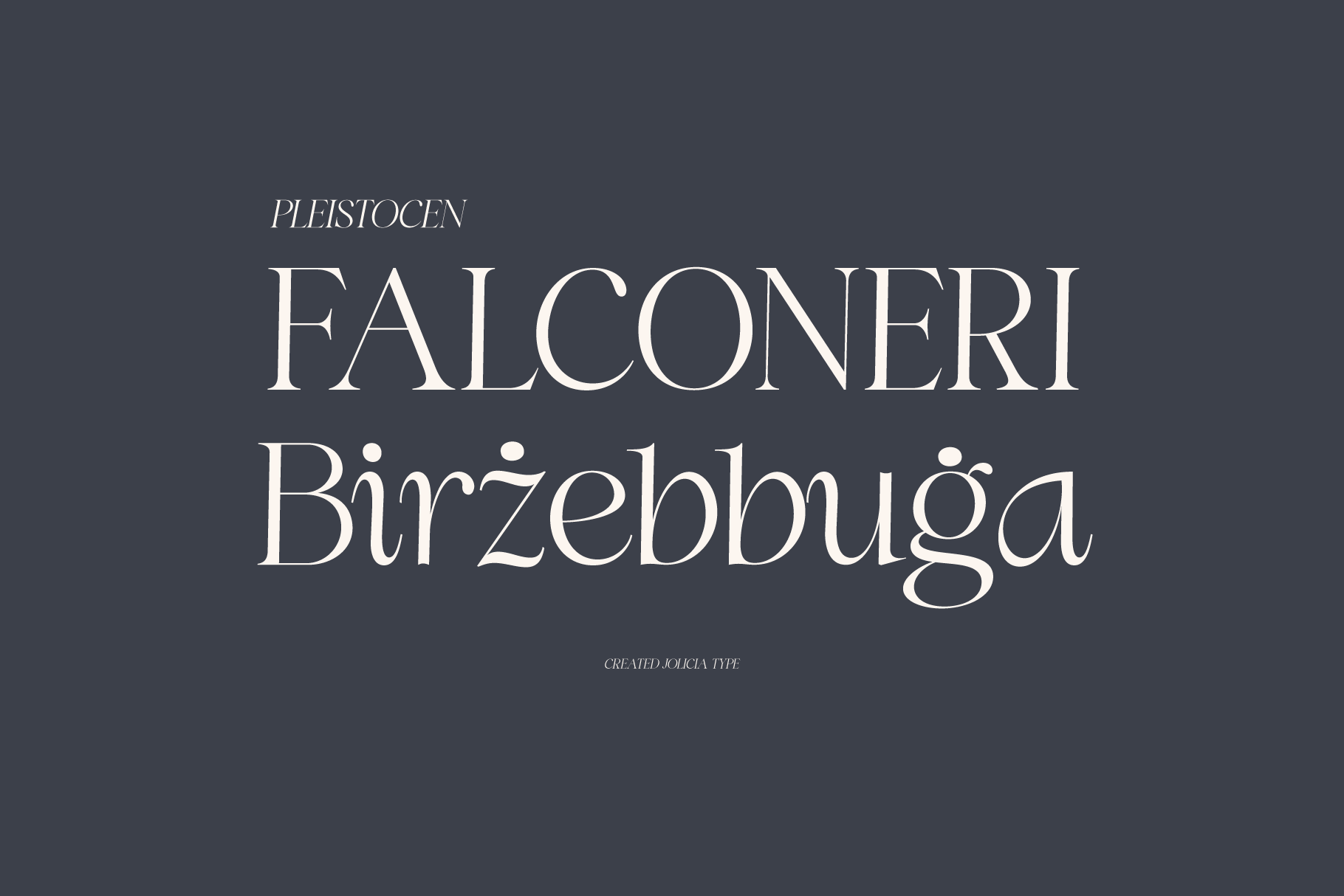 Falconeri Birzebbuga serif font with elegant italics on charcoal background