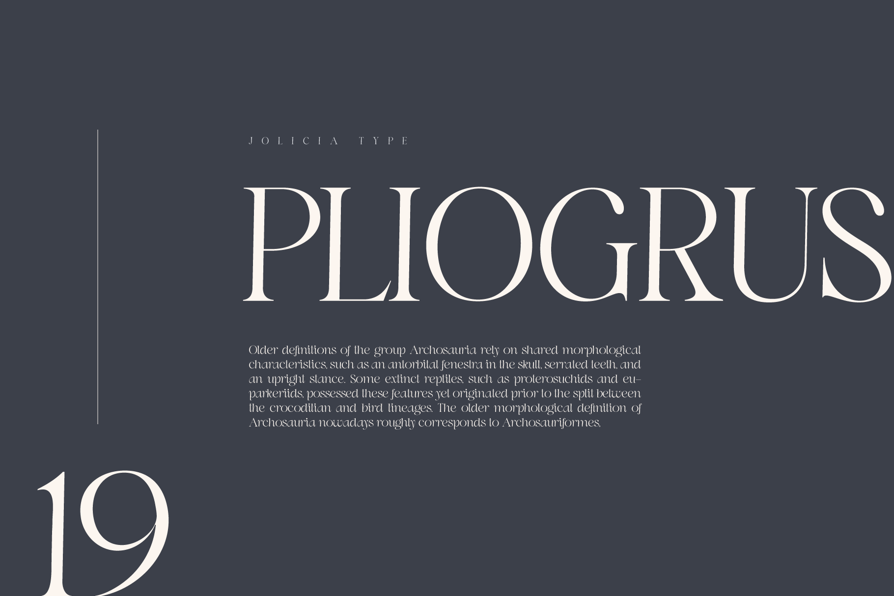 Jolicia serif font display with elegant "Pliogrus" heading over educational text on dark background