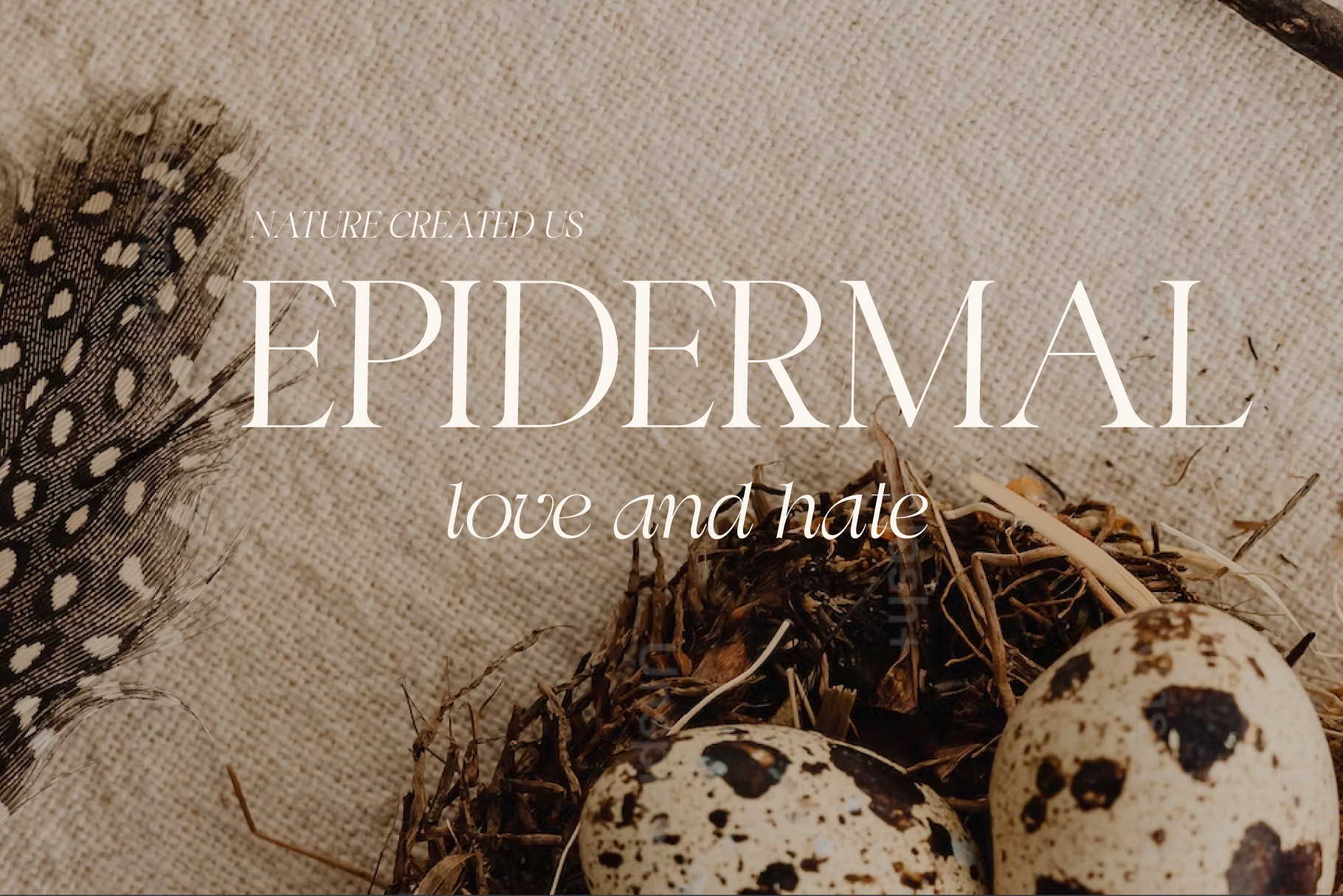 Elegant skincare mockup with speckled quail eggs, dried botanicals on neutral linen backdrop