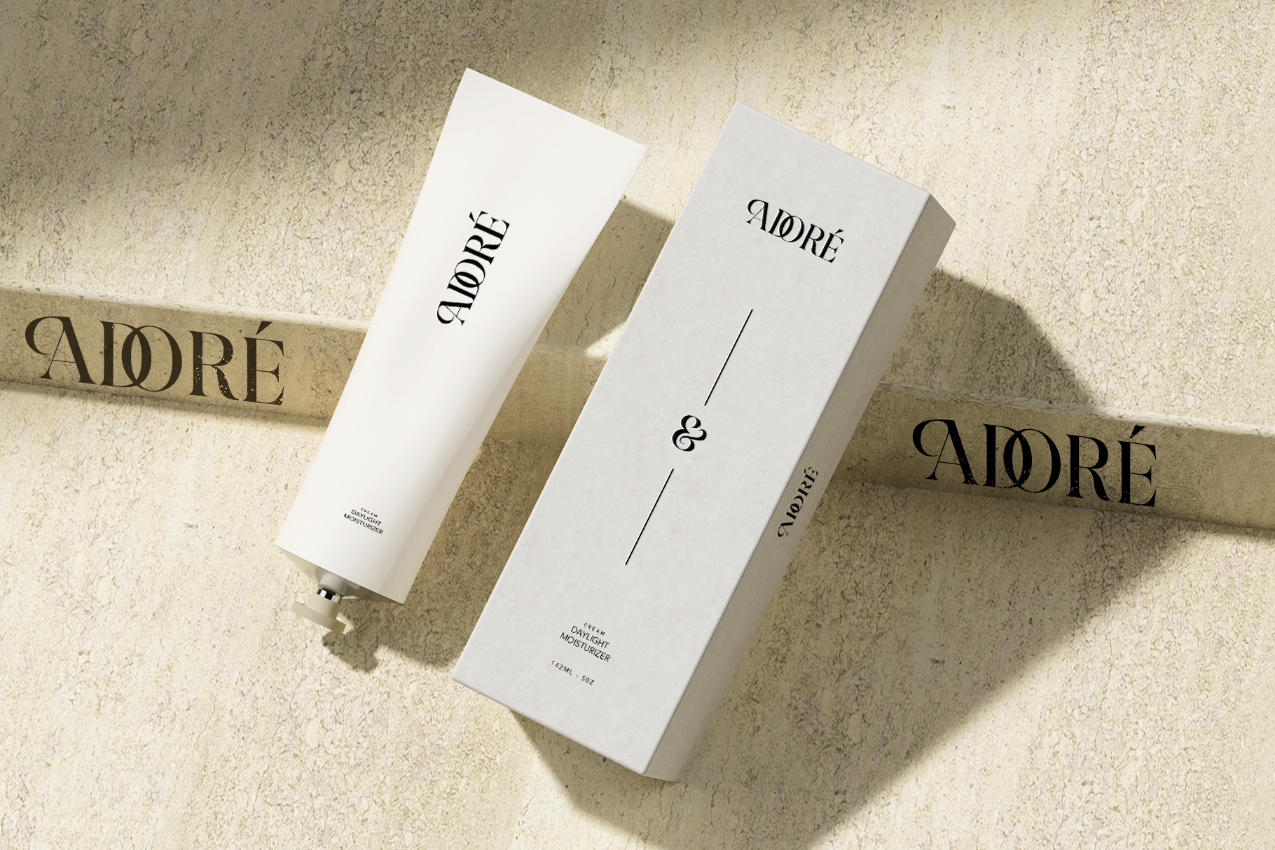 Adore skincare packaging mockup with elegant serif branding on cream background