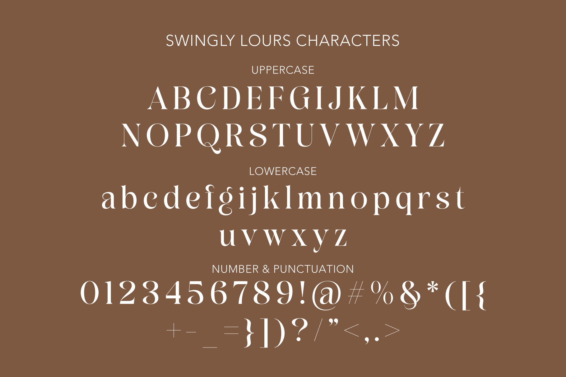 Swingly Lours serif font showing uppercase, lowercase, numbers plus punctuation on warm brown background