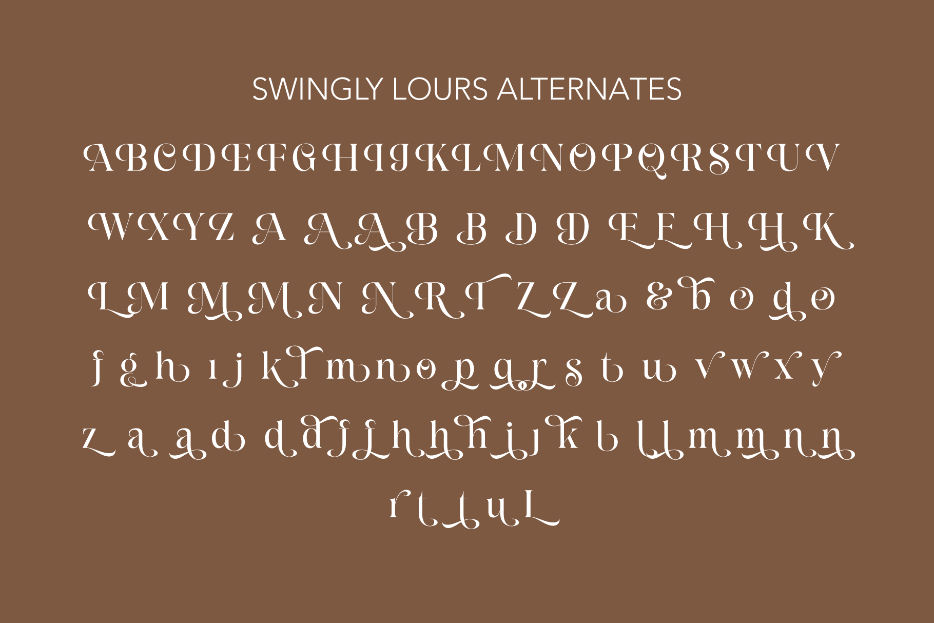 Swingly Lours Alternates serif font showing full alphabet on warm brown background