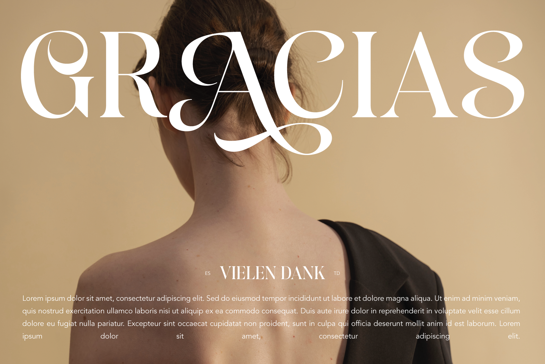 Woman from behind wearing black shirt with elegant serif typography overlay on beige background