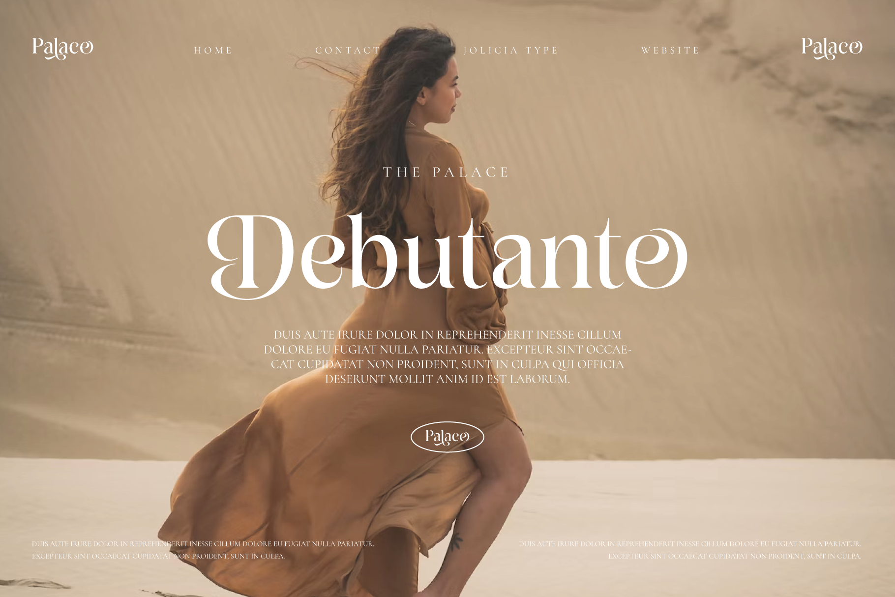 Luxury fashion website mockup with woman in flowing caramel coat, elegant serif typography, neutral beige aesthetic