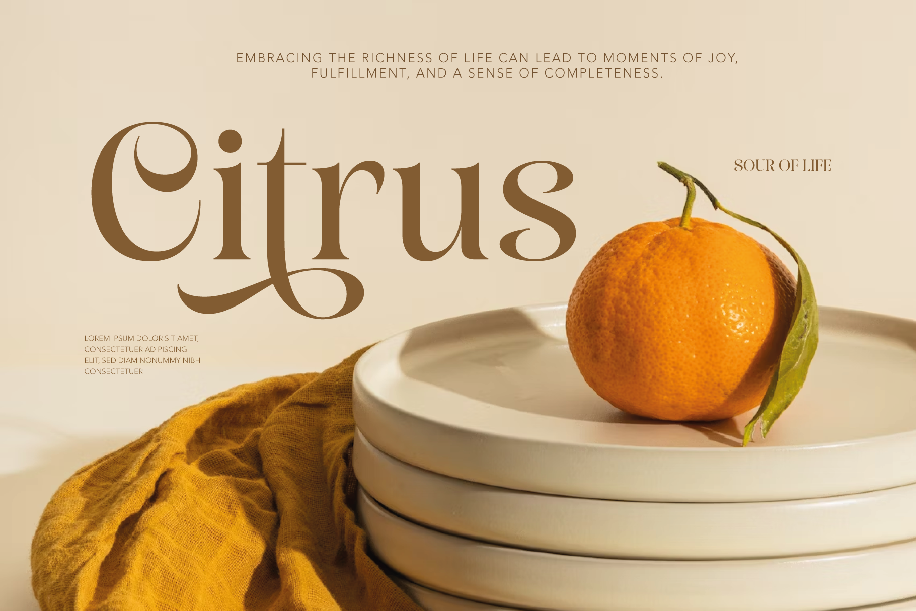 Elegant serif typography layout with fresh orange on stacked ceramic plates, mustard linen