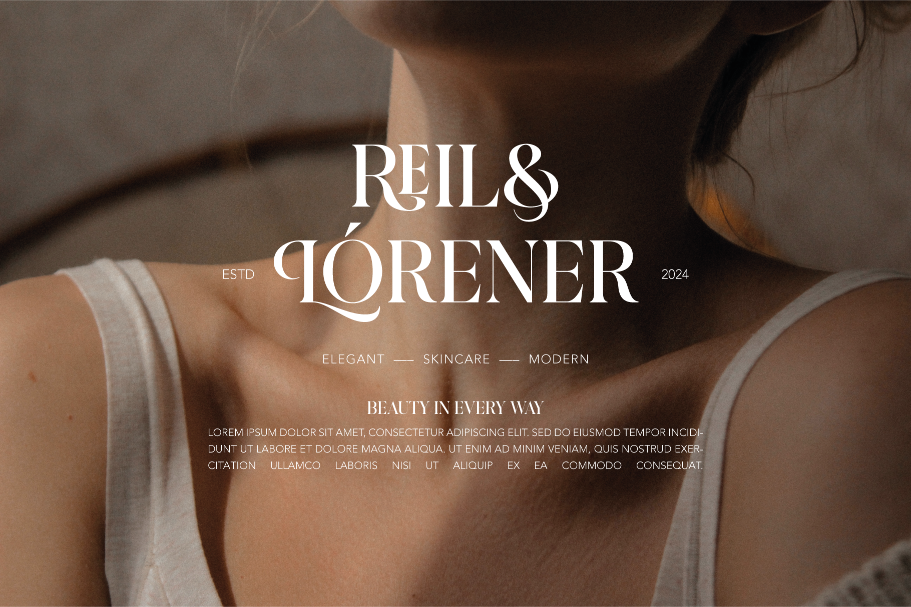 Reil & Lorener skincare brand mockup with elegant serif typography over warm-toned beauty imagery