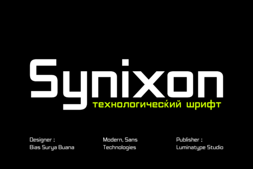 Synixon futuristic sans serif font with neon yellow Russian subtitle on black
