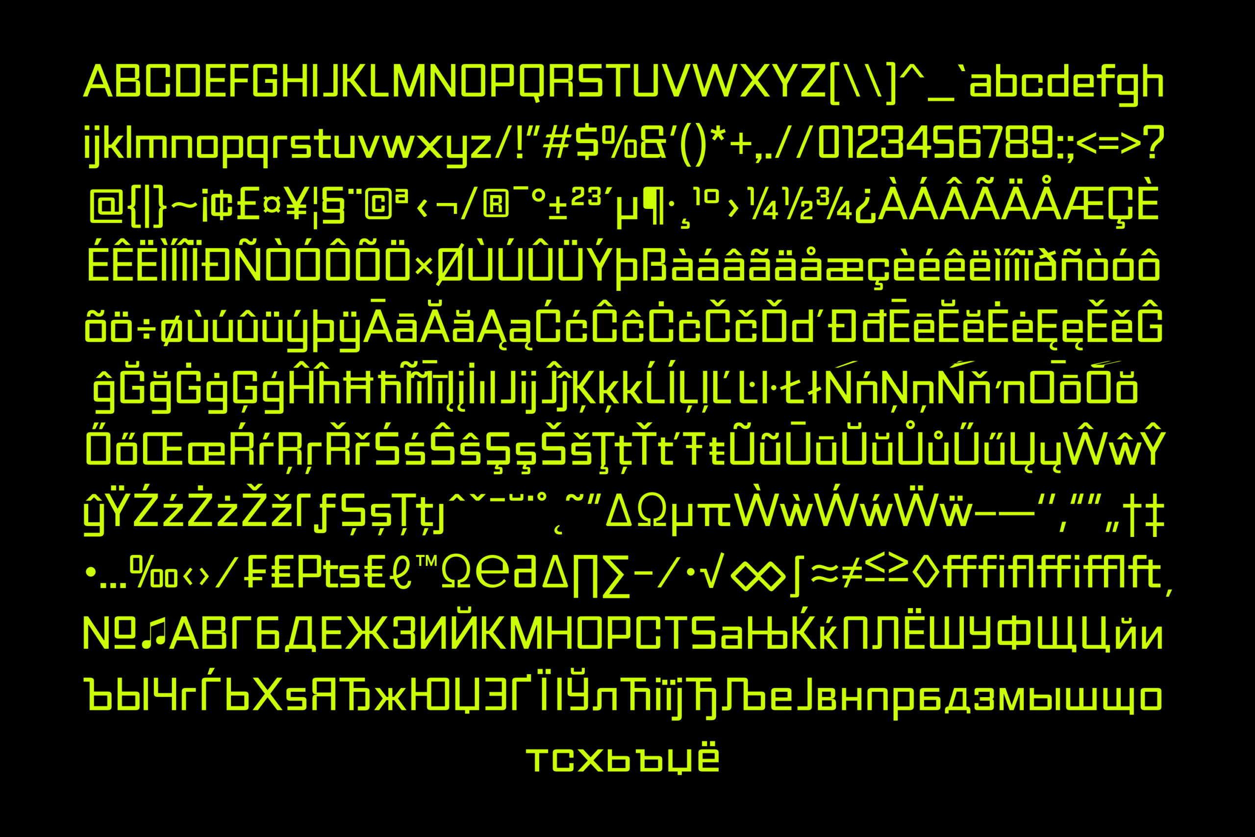 Bright neon yellow monospace font displaying full character set with numbers, symbols, accents on black background