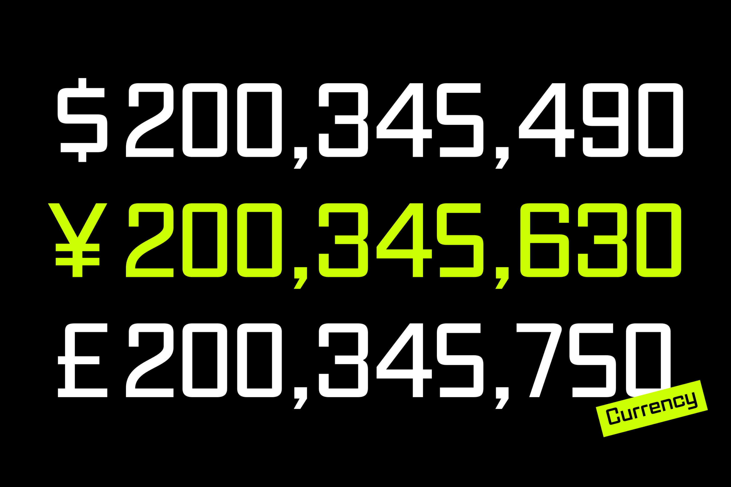 Multi-currency price display mockup showing dollars, yuan, pounds with neon yellow highlight