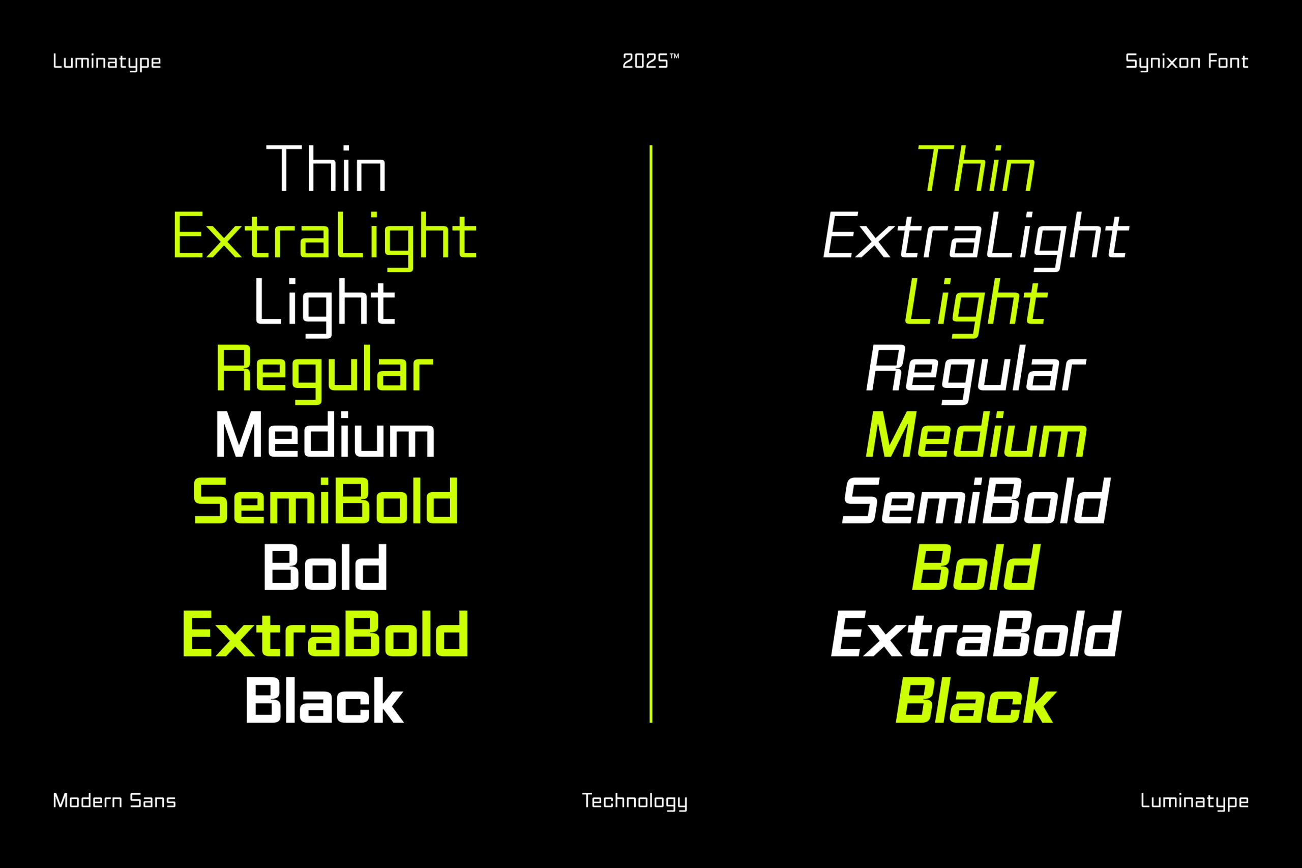 Synixon font weights displayed with neon yellow highlights on black background
