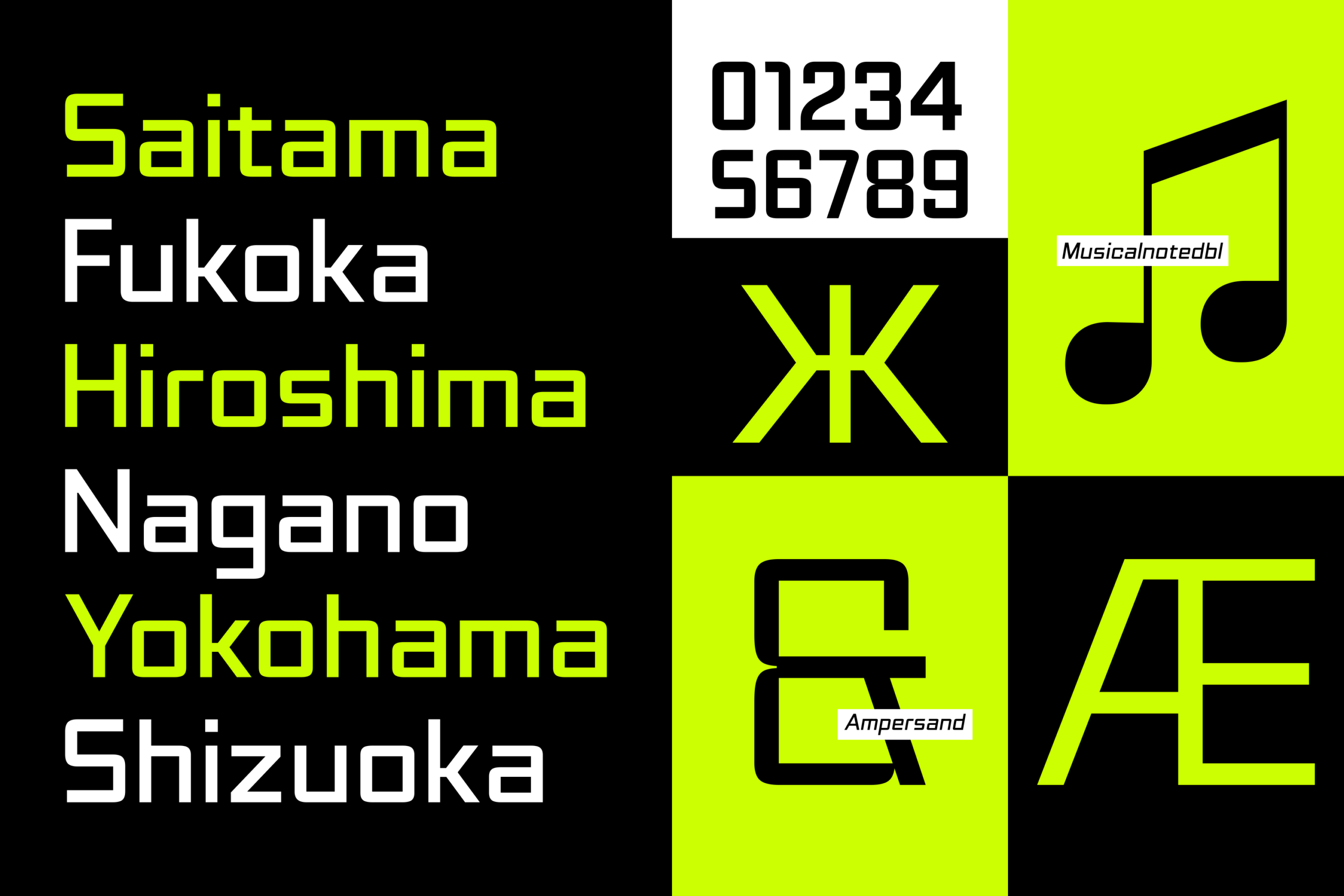 Neon yellow, black, white geometric grid layout showing Japanese city names with bold sans serif font samples