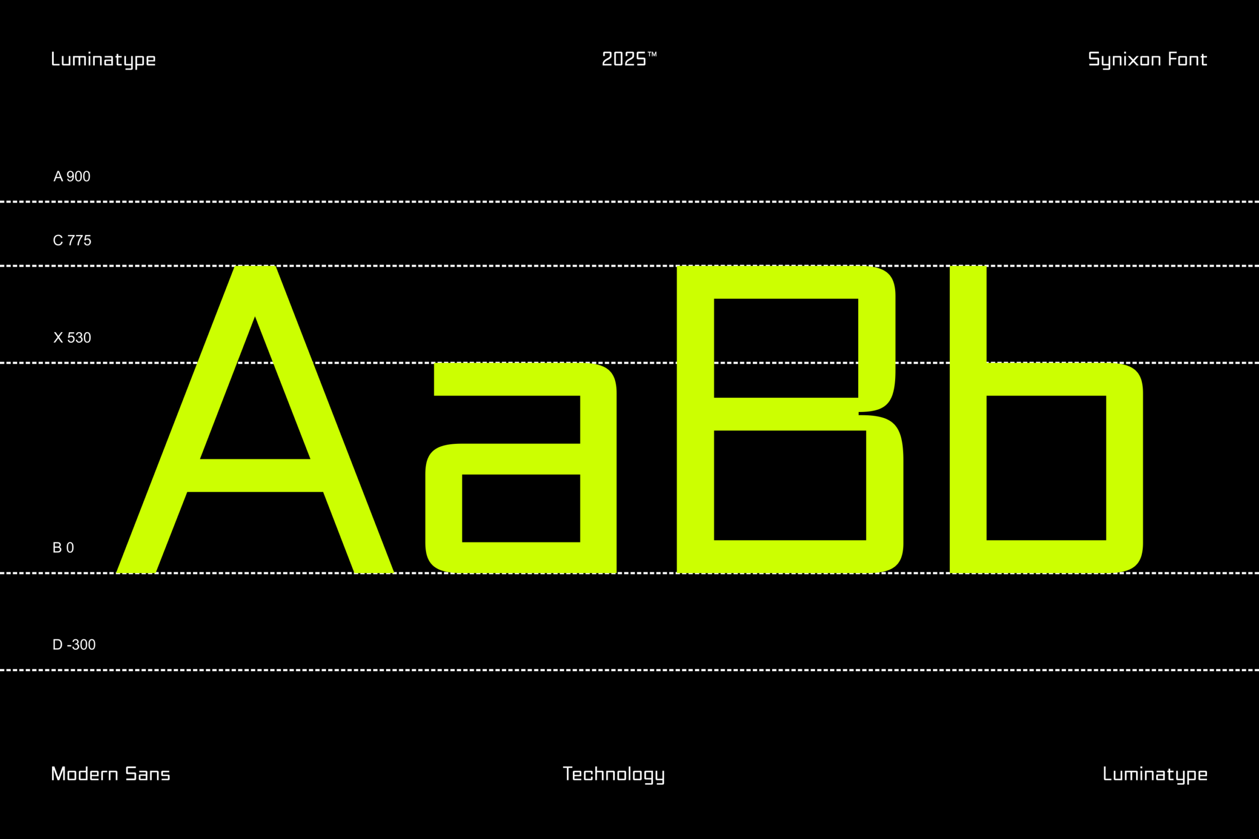 Synixon font specimen showing neon yellow geometric letterforms with measurement guides on black background