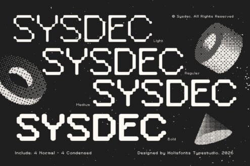 Sysdec font family showing Light, Regular, Medium, Bold weights with condensed variants on dark background
