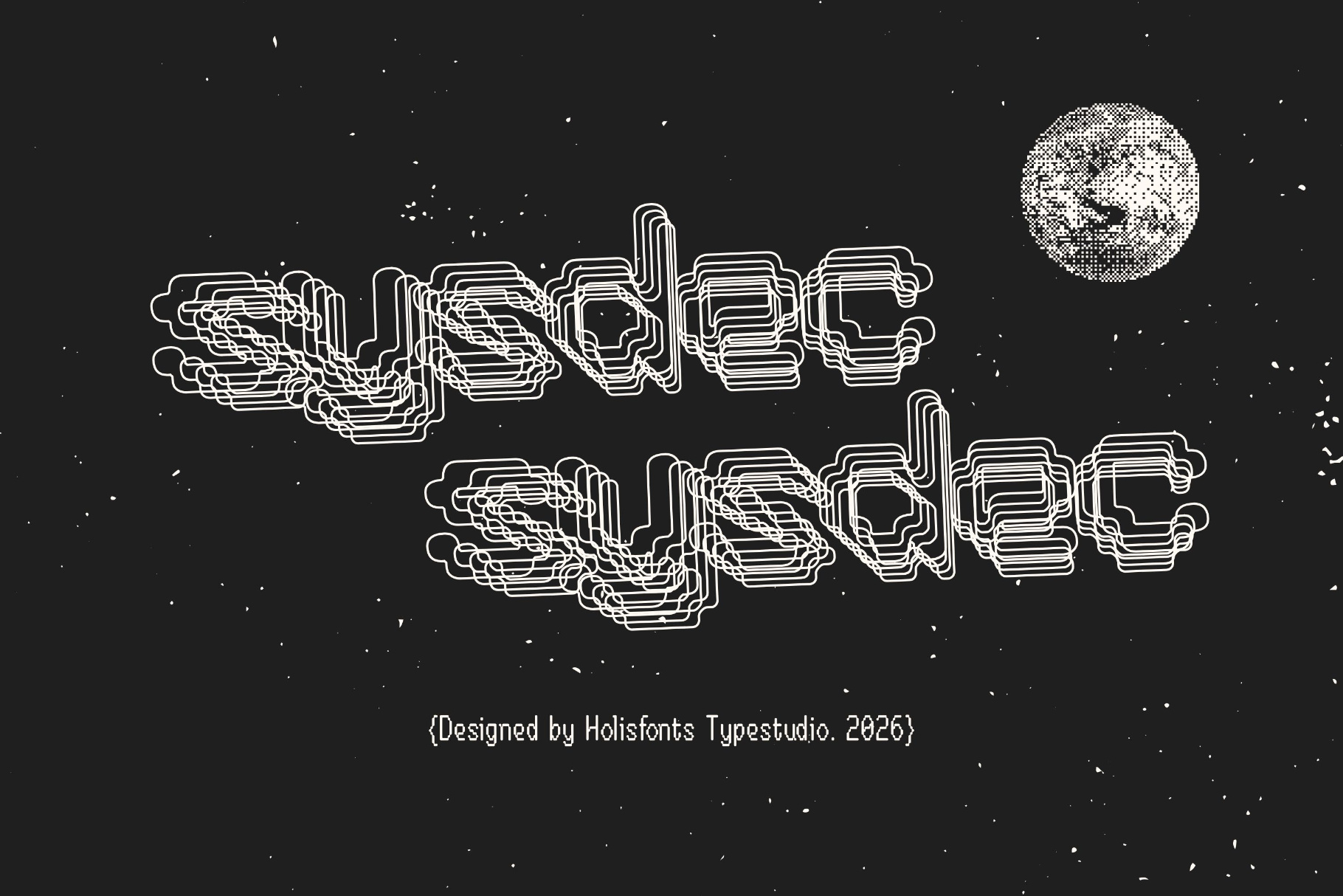Layered neon line art text with glitchy distortion effect, starry night sky, dotted moon
