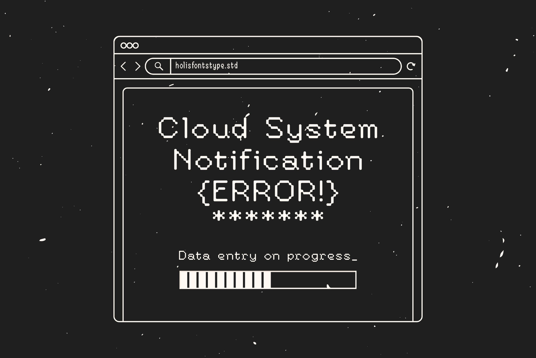 Browser window showing retro pixelated error message with "Cloud System Notification" text on black background