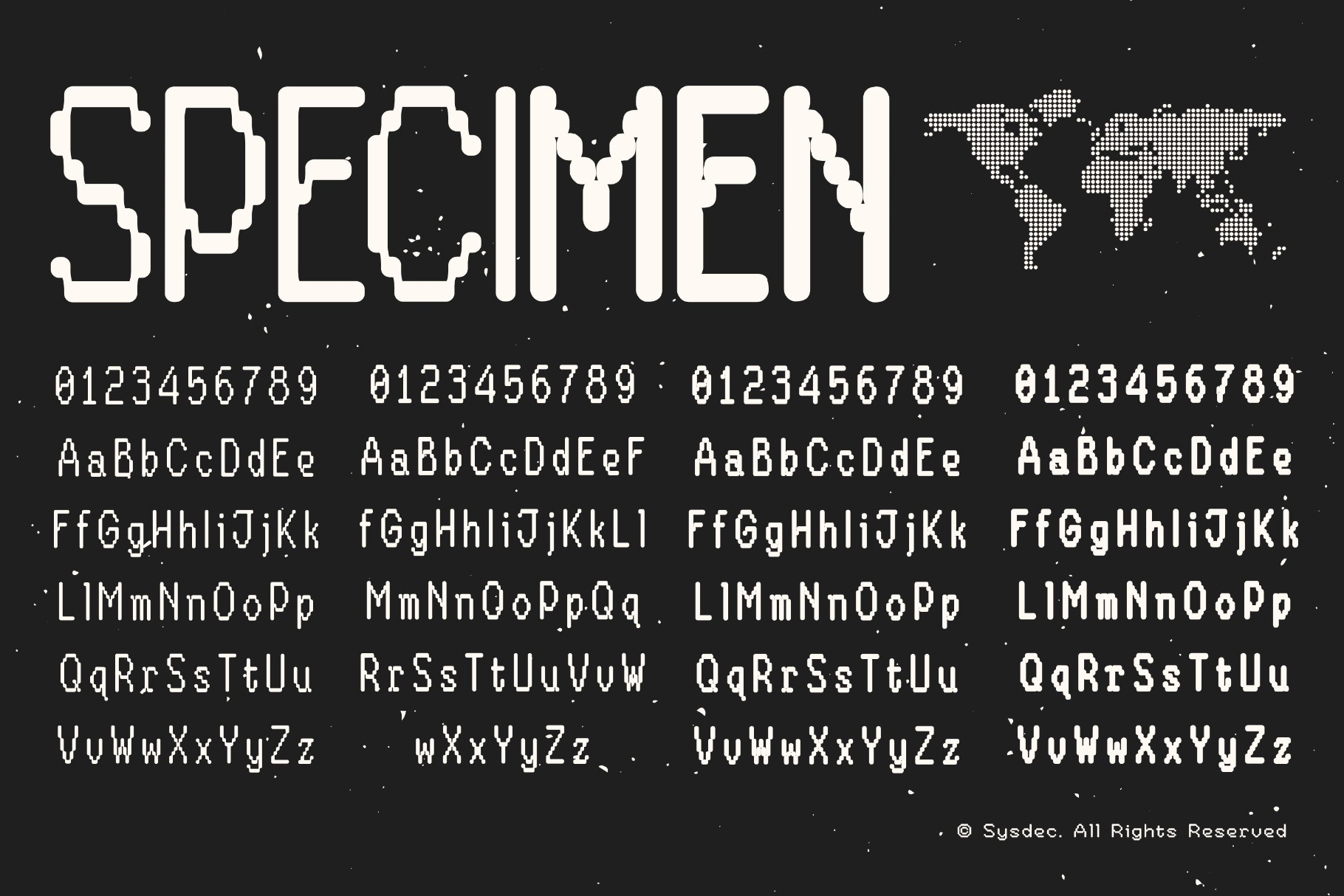 Specimen font display showing retro glitch letters, numbers, plus world map on dark background