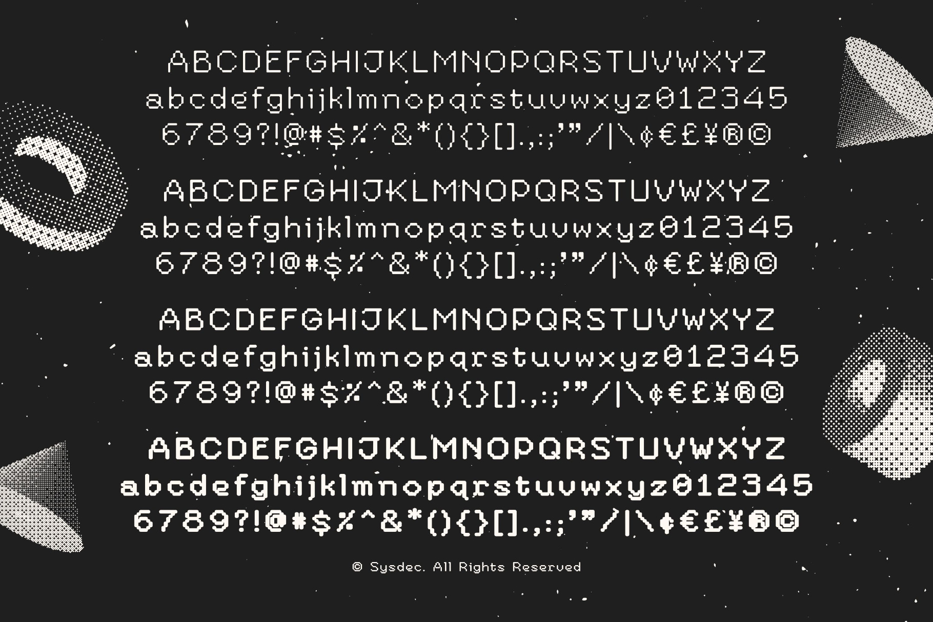 Pixelated monospace font showing uppercase, lowercase, numbers, symbols on dark background with geometric shapes