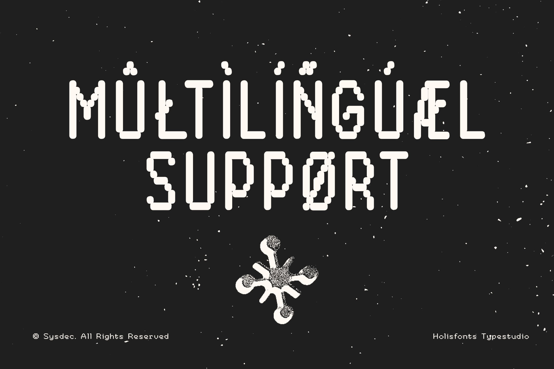 Multilingual Support font with modular letterforms on starry black background