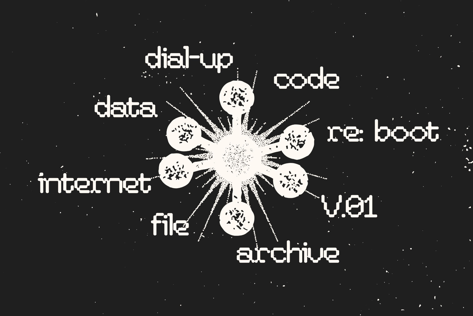 Y2K tech diagram with pixelated words radiating from a glitchy central orb on black starry background
