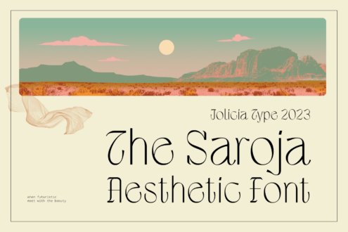 Jolicia Type 2023 Saroja font displayed over desert landscape with mountains, sun, pink clouds
