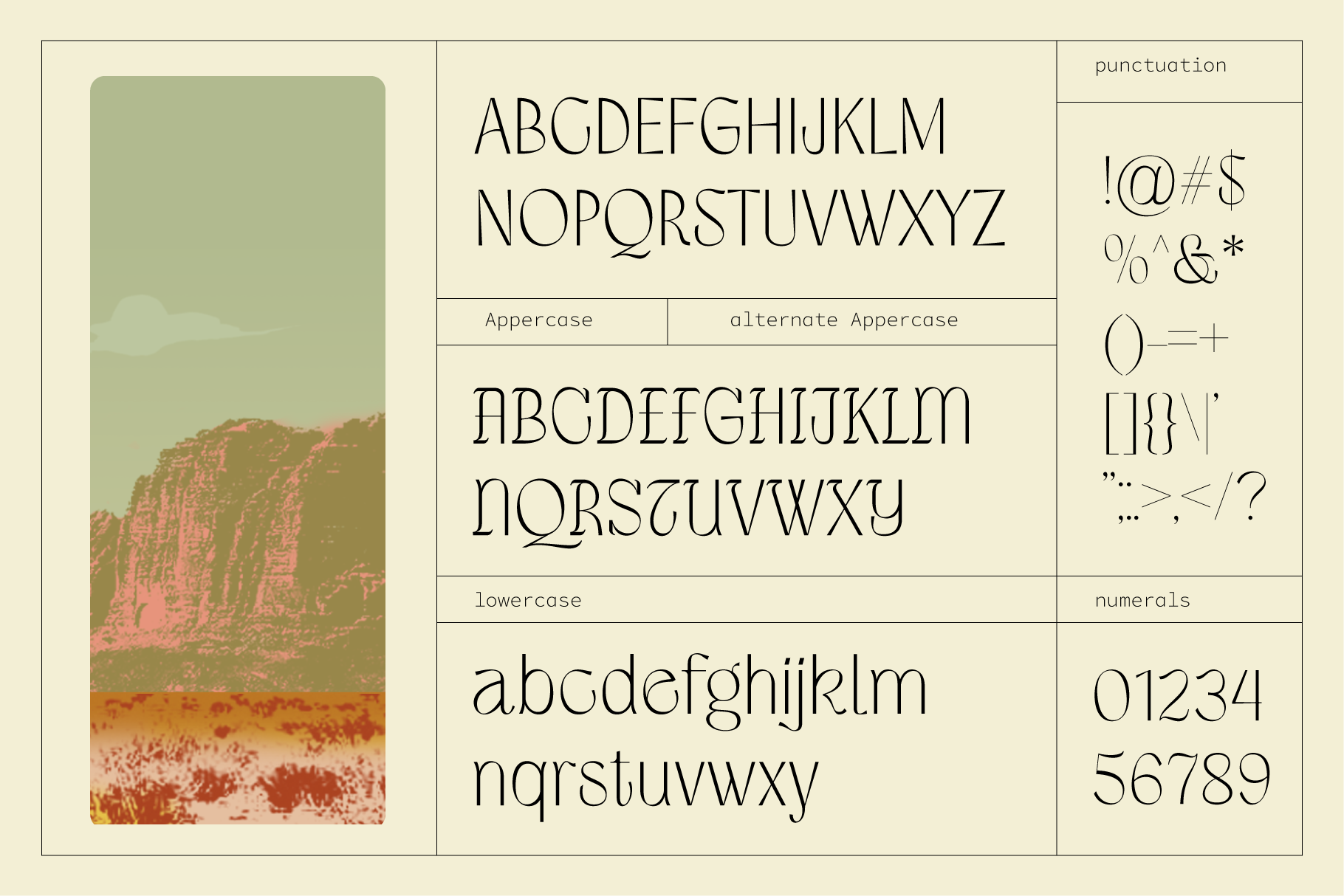 Minimalist serif font with thin lines, earthy landscape mockup on left side