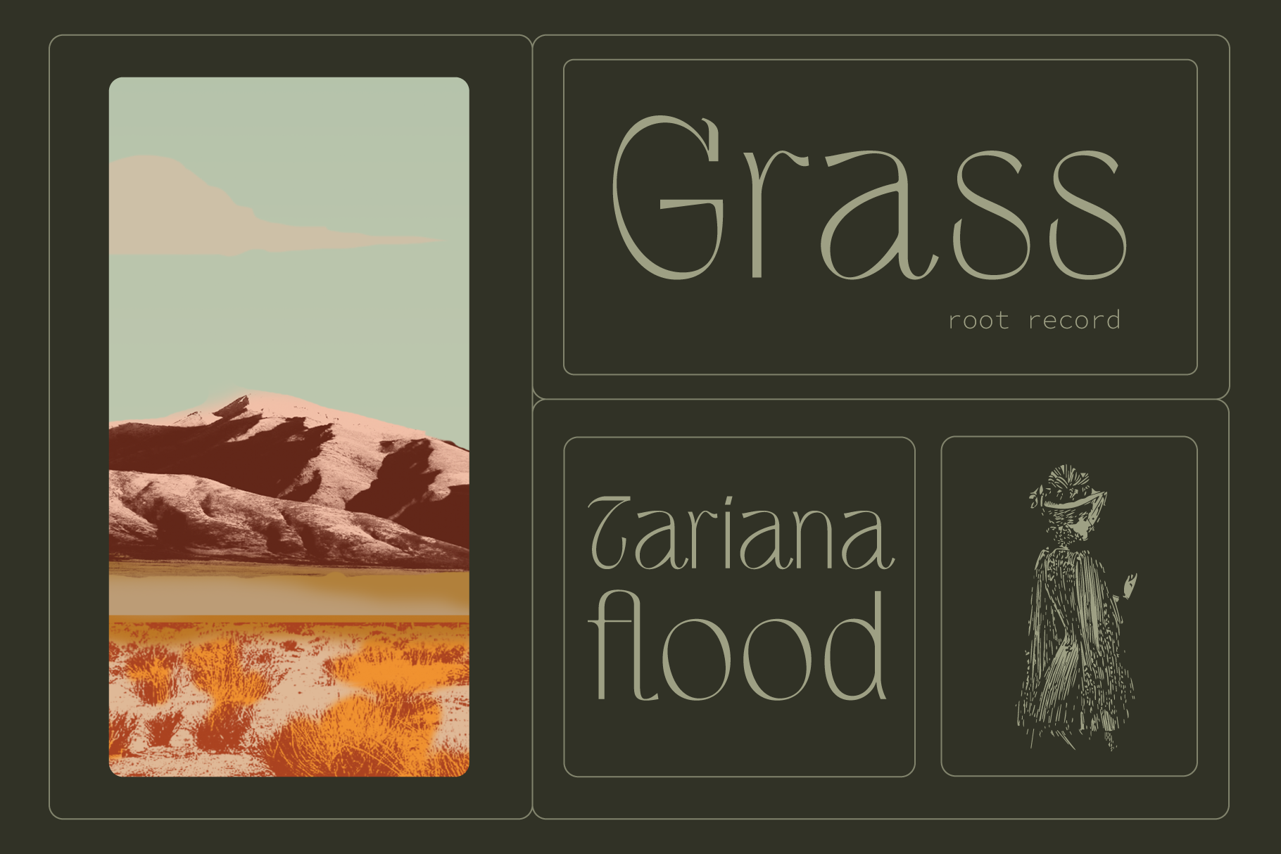 Grass root record branding mockup with earthy tones, desert landscape imagery, botanical line art