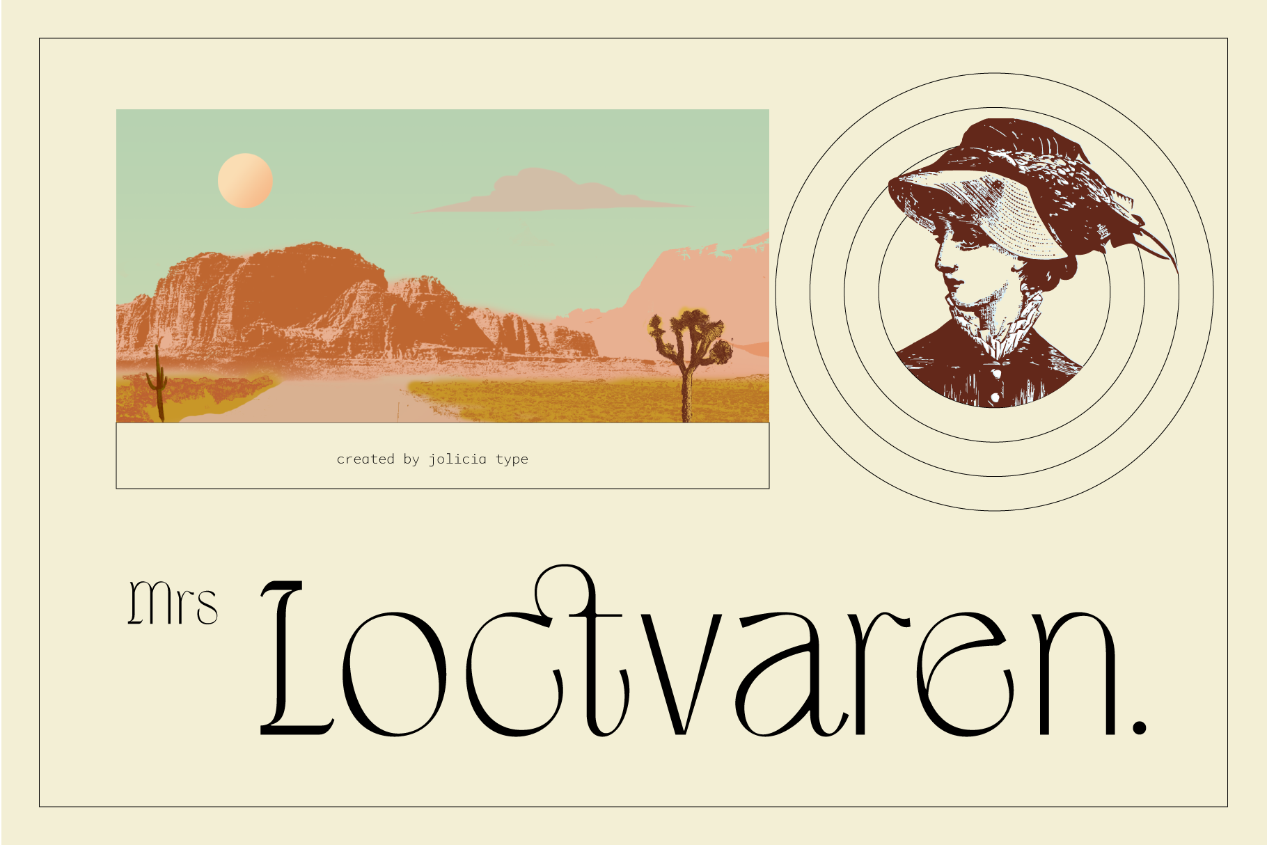 Vintage desert landscape with Joshua tree, circular portrait of woman in hat, retro typography layout