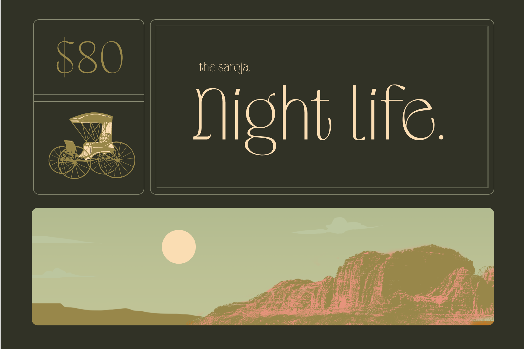 Luxury hotel promo card with gold carriage, desert landscape, pricing panel on vintage dark green background