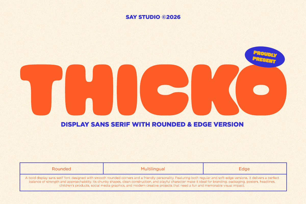 Thicko display font in bold orange with rounded letterforms on cream background