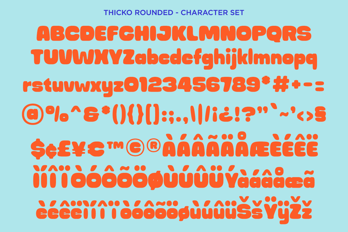 Thicko Rounded font with full character set in bright orange on light blue background